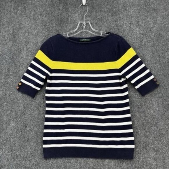 Lauren Ralph Lauren Blue White Yellow Striped Boat Neck Sweater Women’s Medium - Picture 1 of 12